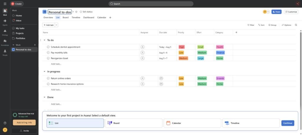 Asana list view showing tasks grouped by section with priority and due date columns