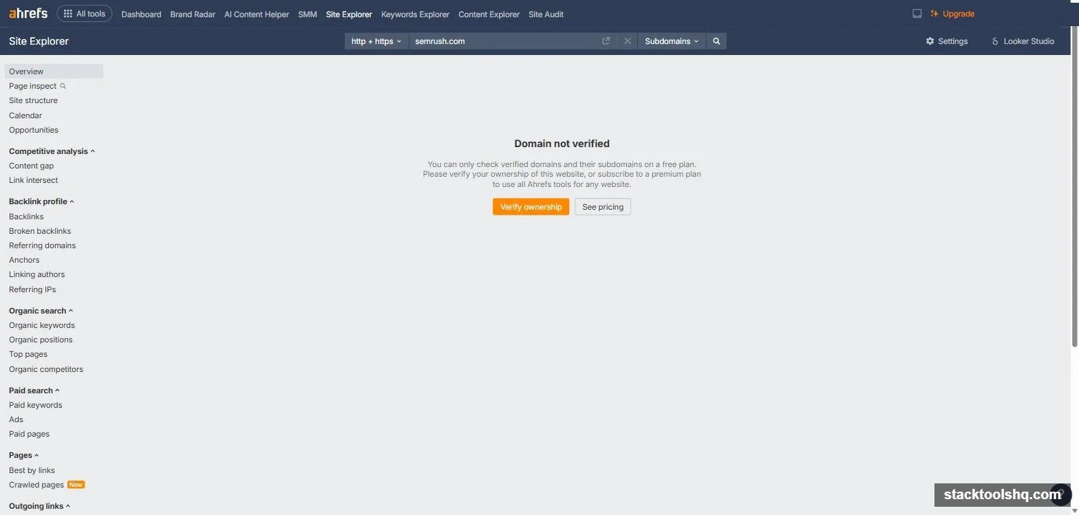 Ahrefs Webmaster Tools showing a Domain not verified message after searching semrush.com, with a note that only verified domains work on the free plan