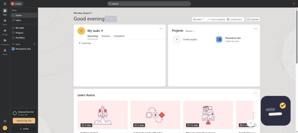 Asana home dashboard with the My tasks card and Projects panel for the current week