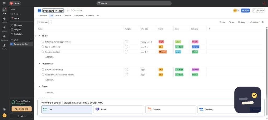 Asana list of personal to-dos with due dates