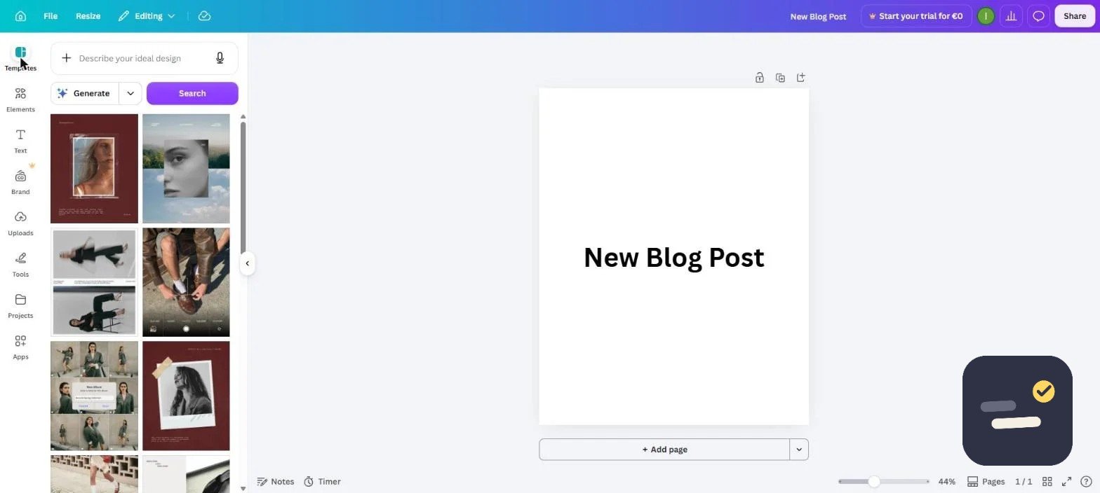 Canva templates panel with social and marketing layouts