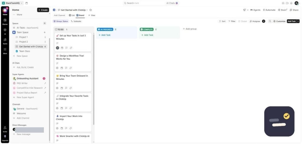 ClickUp board view with To Do, In Progress and Complete columns and six task cards