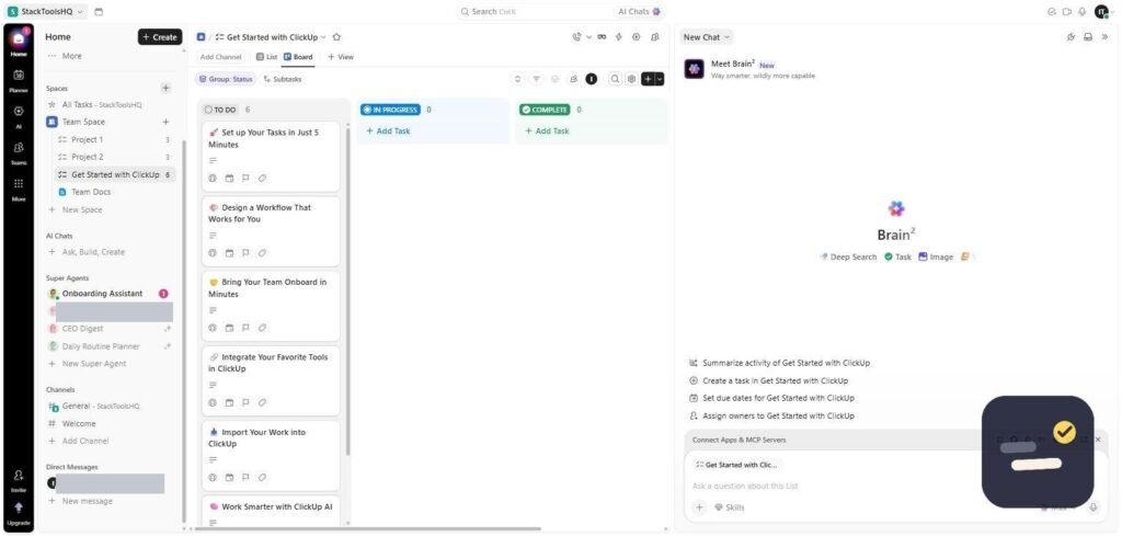 ClickUp Brain AI panel open beside the board, offering to summarize activity, create a task and set due dates
