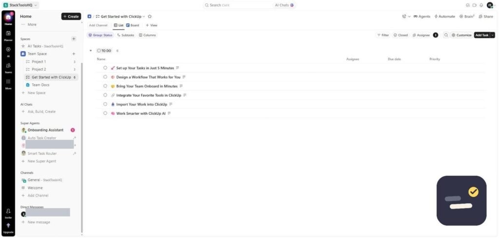 ClickUp list view showing six onboarding tasks with Assignee, Due date and Priority columns