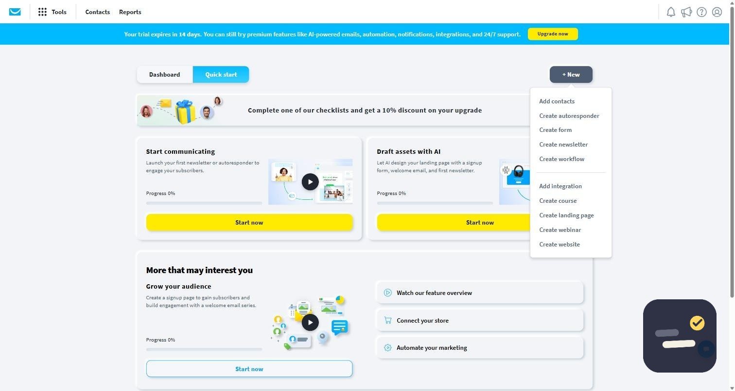 GetResponse create menu showing campaign options