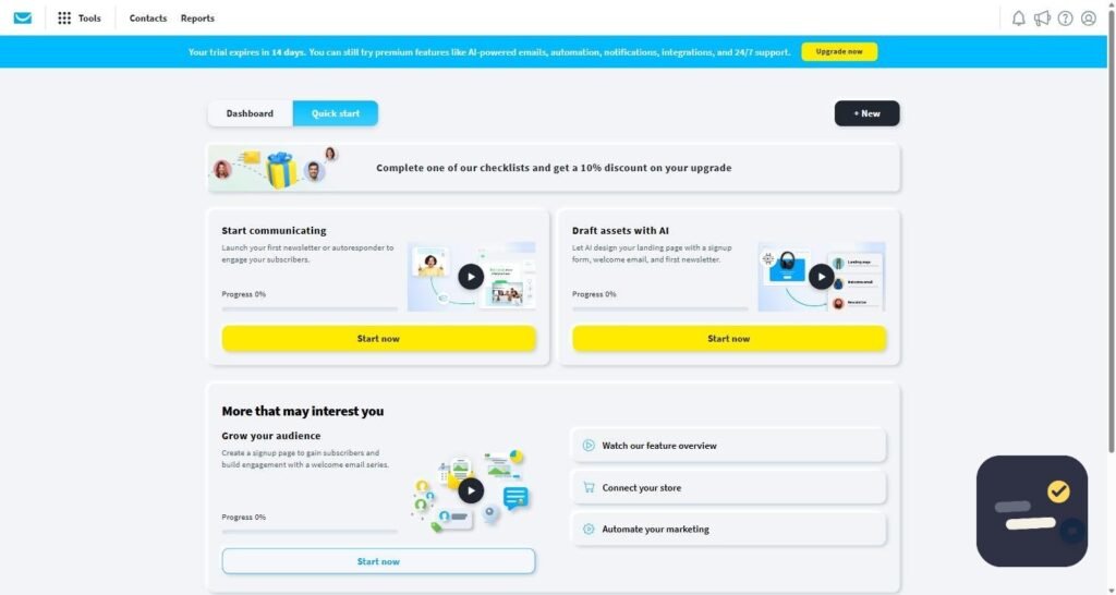 GetResponse dashboard quick-start screen