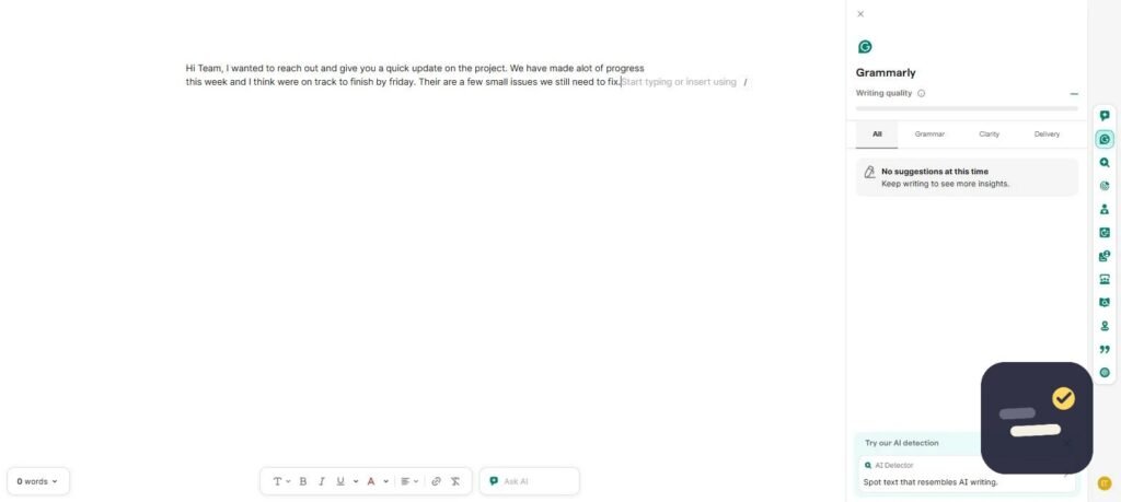 Grammarly editor showing live writing suggestions