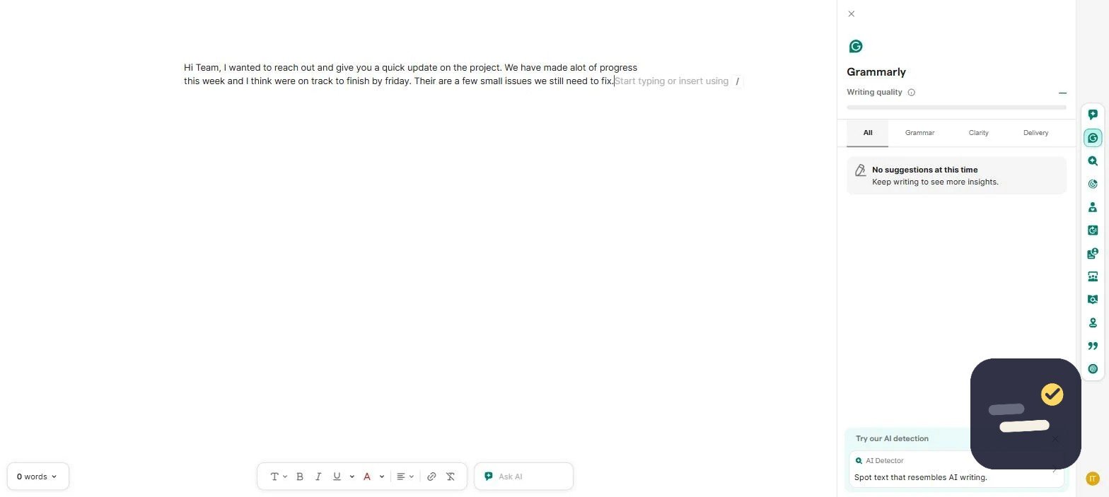 Grammarly editor showing live writing suggestions