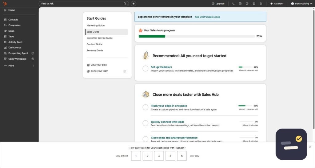 HubSpot Sales Hub dashboard with setup guides and deal tracking progress
