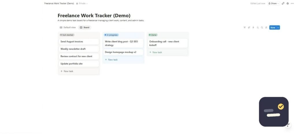 Notion task tracker in board view, grouped into Not started, In progress and Done columns