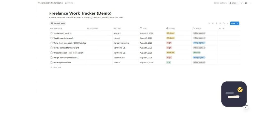 Notion task tracker table view for freelance client work