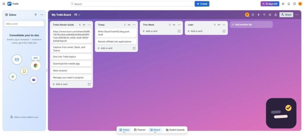 Trello board with Kanban lists and task cards organized by day