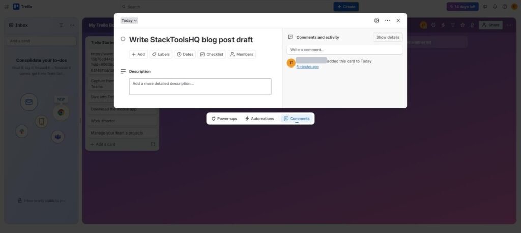 Trello card detail view showing checklist, dates, labels, and comment history