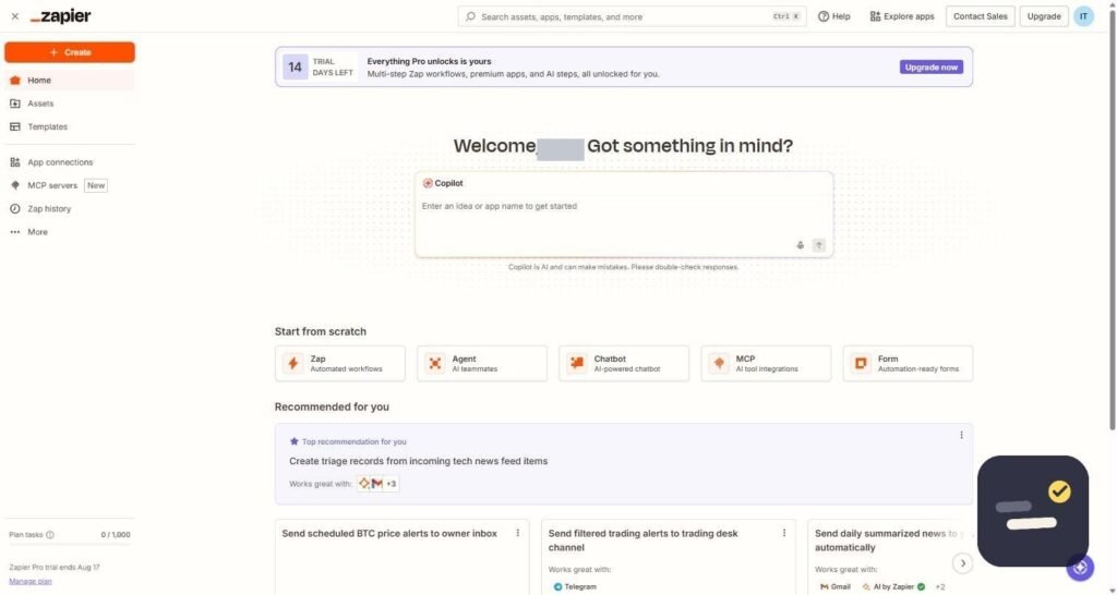 Zapier home dashboard showing workflow automation options