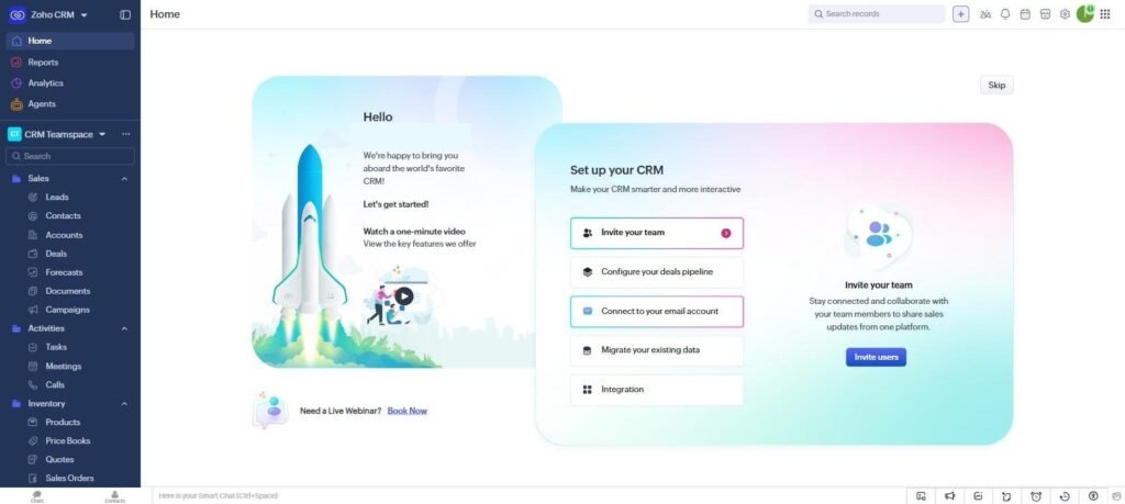 Zoho CRM home screen, an example of a CRM dashboard for tracking leads and deals